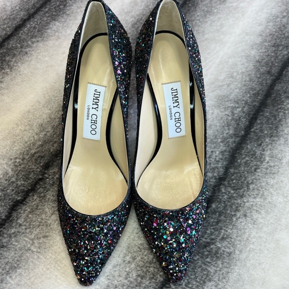 Jimmy Choo Shoes - Jimmy Choo Romy 85 Boho Multi Glitter Mix Rainbow Black Heels Pumps